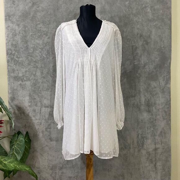 Women's ZARA Pleated White Swiss Dot Sheer Mini Dress Size XL - Picture 1 of 12